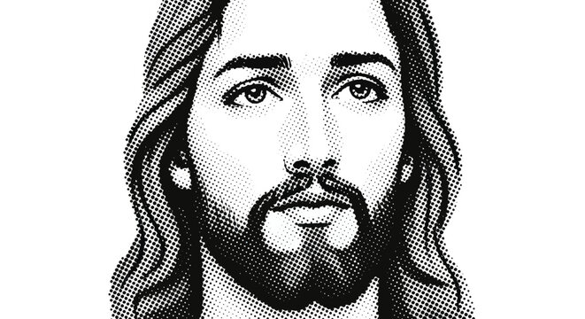 Jesus Christ Portrait, Religious Icon, Halftone Style, Black and White