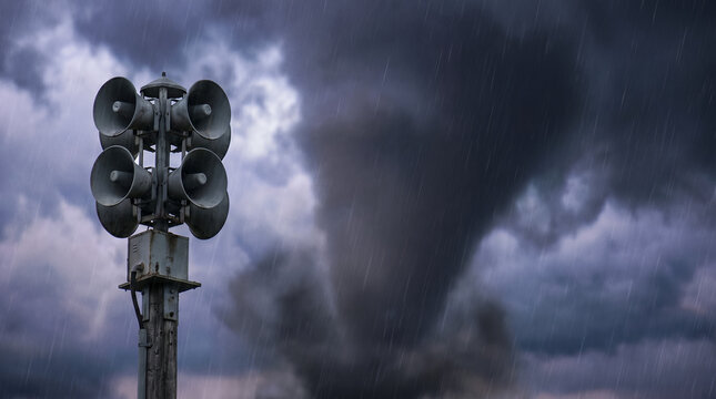 Tornado forming in dark storm clouds near warning siren  