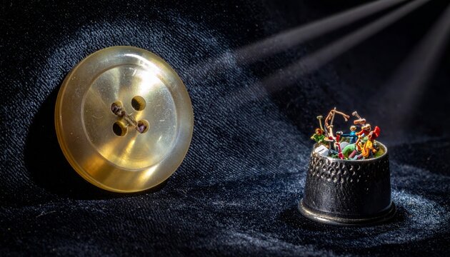 An oversized brass button acts as a portal to a miniature world inside a thimble, inviting wonder.