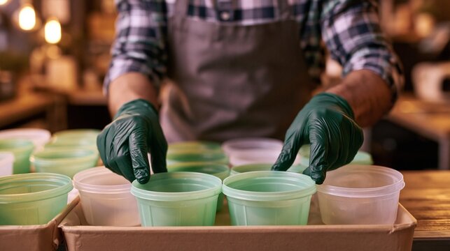 Medium shot of a worker in apron and gloves sorting plastic containers against a blurred backroom highlighting sustainable waste management in a zerowaste caf&Atilde;&copy; warm indoor