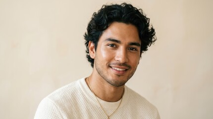 Obraz premium A man with curly hair wearing a white sweater, standing against a plain background.