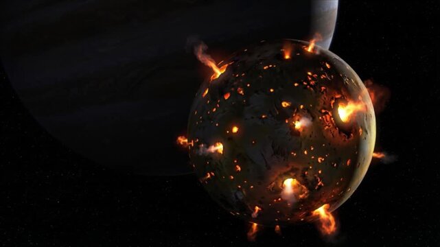 Io volcanic moon erupting with pulsing lava plumes against black space as Jupiter looms silently above in eclipse