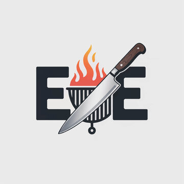 Chef knife over grill with flames and stylized letters EEE for culinary branding during cooking