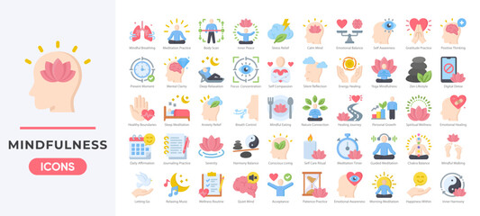 Fototapeta premium Mindfulness and Meditation Icon Set, Mental Health Wellness and Yoga Practice. Simple flat color vector.