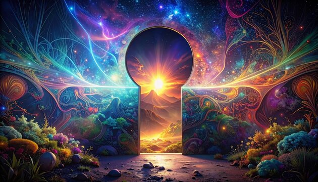 An Oversized Keyhole Reveals a Vibrant Alien Landscape Filled with Cosmic Wonders and Radiant Light