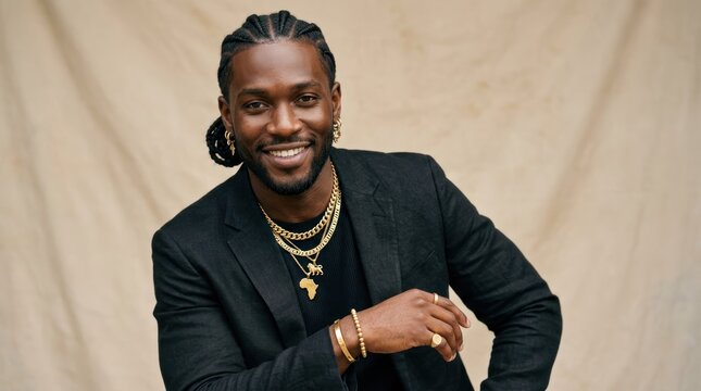 A man with dreadlocks smiling in front of a beige backdrop.