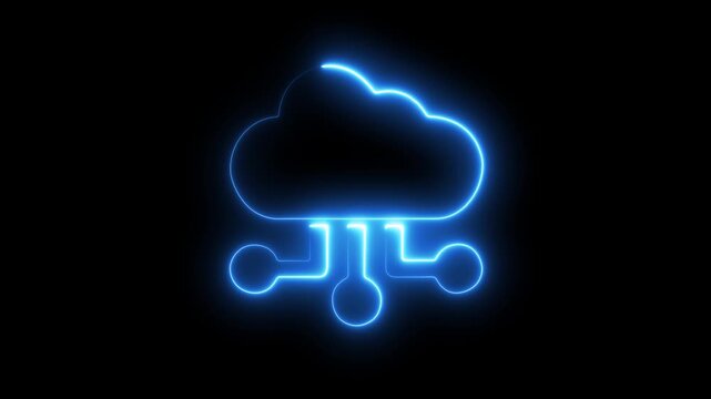 Futuristic Neon Cloud Computing Technology Icon on Black Background.