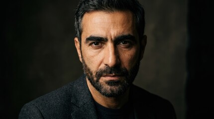 Fototapeta premium A man with a beard wearing a dark suit against a dark background.