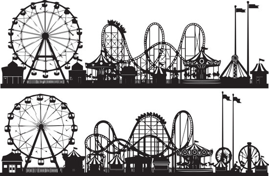 Amusement park silhouette vector illustration featuring ferris wheel, roller coaster, carousel and carnival rides skyline, black isolated theme park design artwork