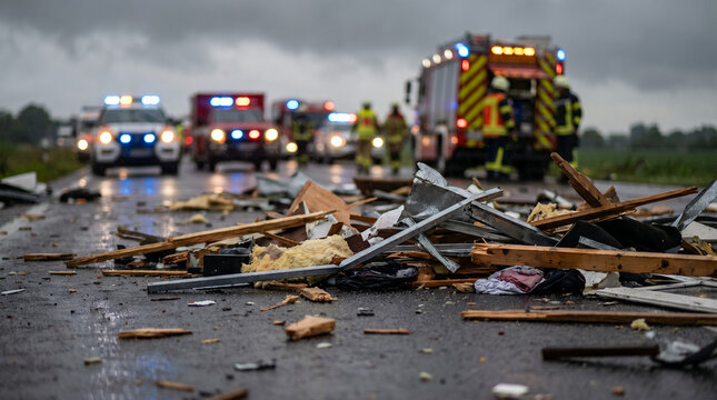 Emergency workers responding to natural disaster on debris-covered road  