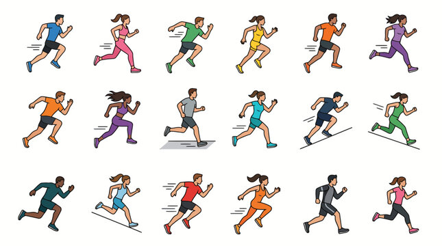 Set of Flat Vector Icons Featuring Diverse Men and Women Jogging and Running for Fitness and Health