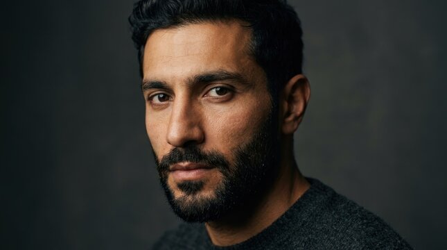A man with a beard, wearing a dark sweater, against a dark background.