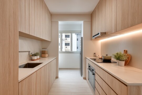 Compact kitchen with a smooth recessed ceiling and warm ambient lighting