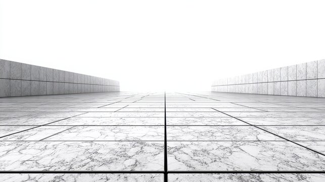 Commercial background concept: empty tiled floor receding to horizon on white