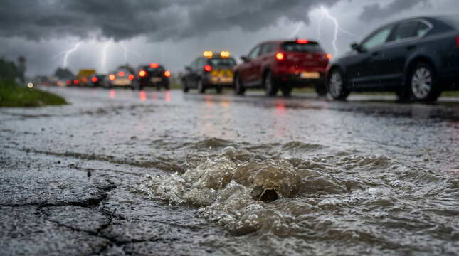 Heavy rain causing flooding on road with vehicles during storm  