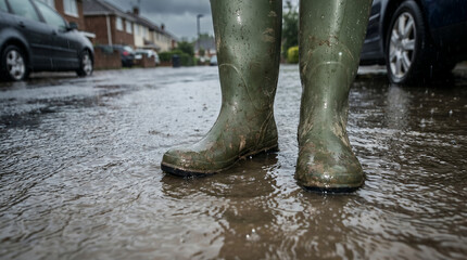 Fototapeta na wymiar Green rubber boots standing in water on flooded street concept of natural disasters 