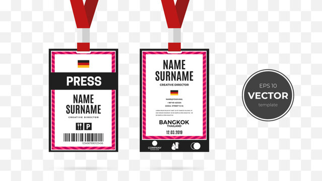 Sample press badge design featuring professional details and vibrant colors.