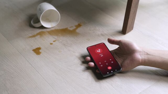 Unconscious man lying on the floor after calling emergency number 911 for help