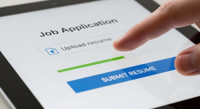 Online job application on tablet screen, finger touching upload resume button, digital recruitment process and career search concept