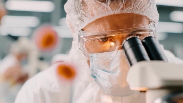 Cleanroom technician inspects vial under microscope, wearing protective suit, hairnet, goggles and mask, amber lighting and sterile background, careful handling of sample in controlled pharmaceutical