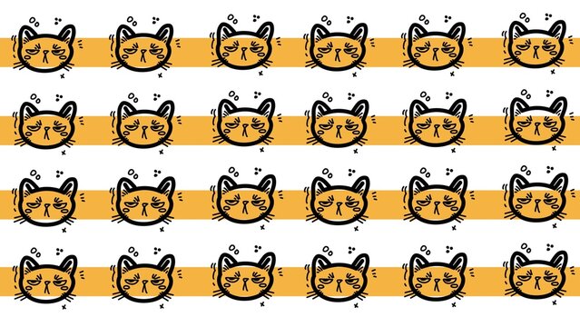 Cute grumpy cat face seamless pattern with horizontal yellow stripes background. Hand drawn doodle of angry kitten vector illustration.