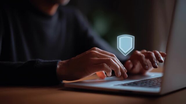Hands typing on laptop with shield hovering above keyboard, warm desk lighting and focused atmosphere secure login overlays, authentication visuals and fingertip gestures on keys, scenes portray