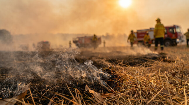 Firefighters battling wildfires amidst smoke at sunset, concept of Natural disasters  