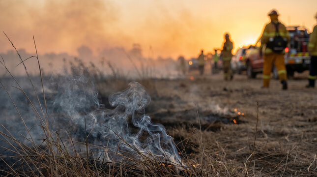 Firefighters battling wildfire smoke at sunset during natural disasters  