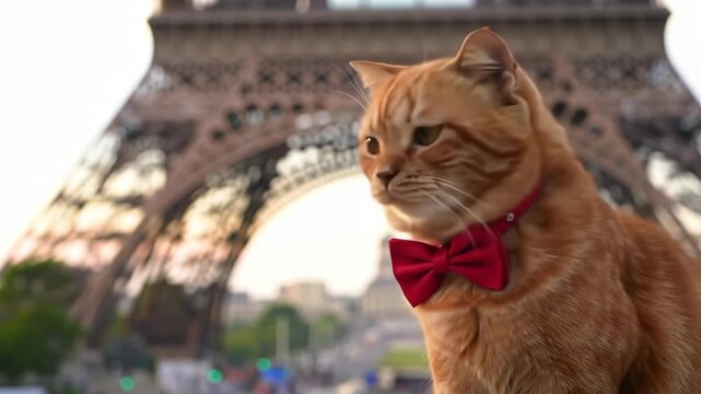 Parisian Cat in Bow Tie, Eiffel Tower Background.