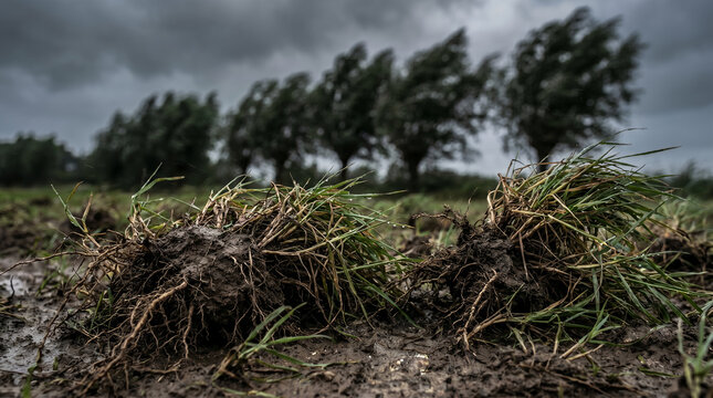 Grass uprooted by strong winds in cloudy field illustrating Natural disasters  