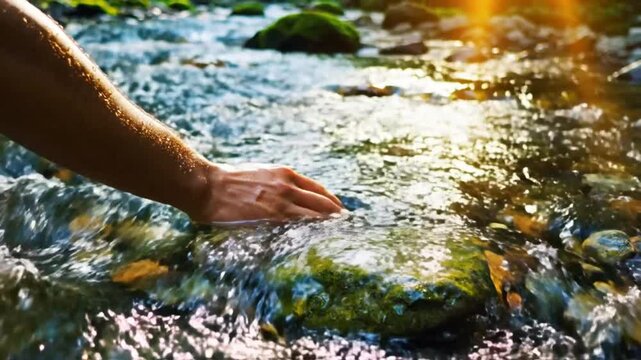 Hand Touching a Mossy Rock in a Flowing Stream, Peaceful Nature Scene with Sunlight