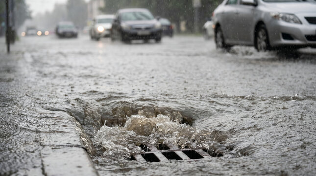 Heavy rain causing urban flooding on street with visible drain system  