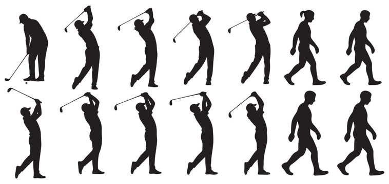 Golfers swinging and playing golf silhouette set vector  illustration eps 10