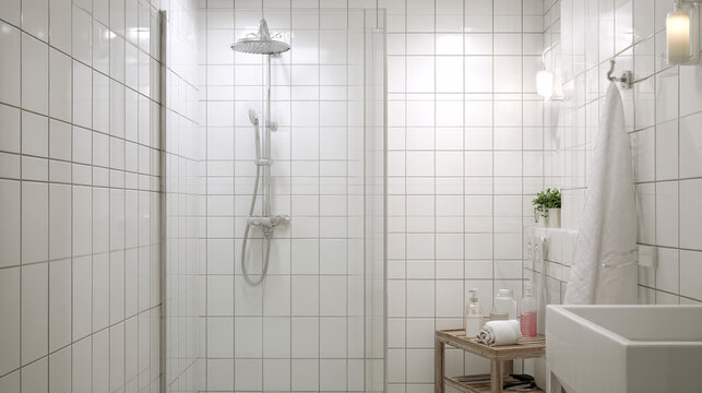 Minimalist Interior of a Clean White Shower with Simple Tiles