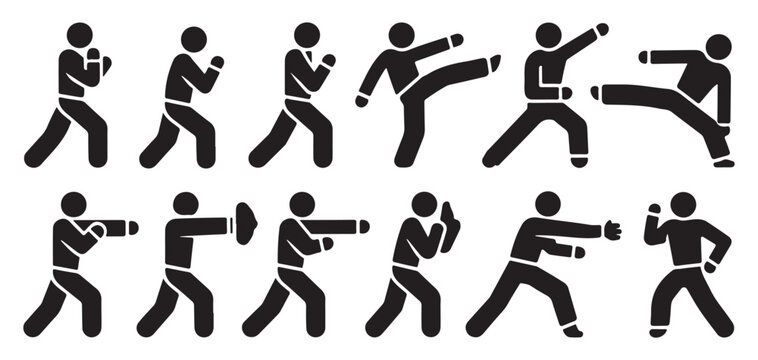 Martial arts fighters in combat poses silhouette set vector illustration eps 10