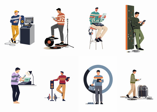 Vector illustrations set of professional male sound engineers, DJs, and music producers working with modern studio equipment, mixing consoles, and tablets.