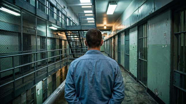 Rear view of prisoner walking down narrow corridor of high security correctional facility with multiple tiers of cell blocks and steel bars showing incarcerated life in jail setting.