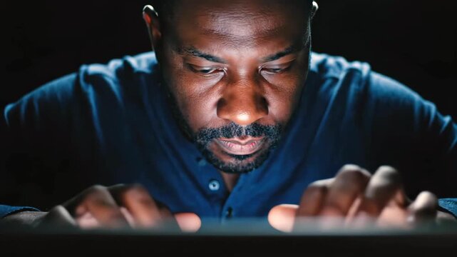 Man using laptop illuminated by blue screen glow, focused developer typing and analyzing code in dark workspace, cybersecurity programming and late night technology work concept