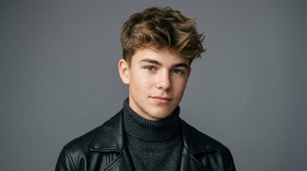 Obraz premium A young man with short, curly hair wearing a black leather jacket and a gray turtleneck, standing against a gray background.