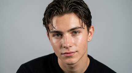 Obraz premium A young man with wet hair, wearing a black sweater, standing against a plain background.