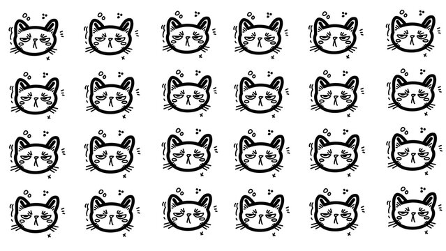 Cute grumpy cat face seamless pattern vector illustration. Hand drawn black and white doodle of angry kitten emotions on white background.