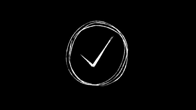 Scribble checklist circle animation with a white hand drawn check mark on a black background, representing approval, completion, verification, and task success in motion graphics.