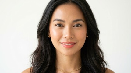 Naklejka premium A woman with long black hair, wearing a gold necklace, standing against a white background.