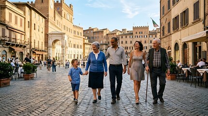 Naklejka premium Happy Multi-Generational Family Walking in Historic Italian Plaza