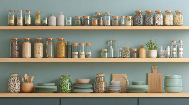 Organized Shelves with Jars, Spices, Dishes in a Stylish Kitchen