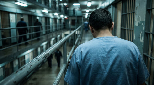 Inmate wearing blue uniform walking down narrow corridor of high security prison hallway with metal barred cells and blurred figures of other prisoners standing in background area.