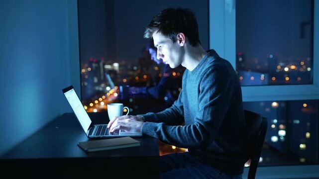 White man on laptop at night by window with city lights coffee mug and notebook beside him typing code under blue ambient glow reflective glass portrait conveying focused solitude and remote developer