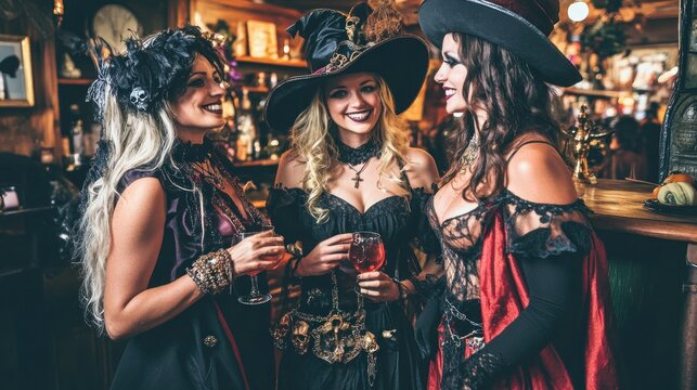 Three witches laughing together at a bar, enjoying drinks during a Halloween celebration.