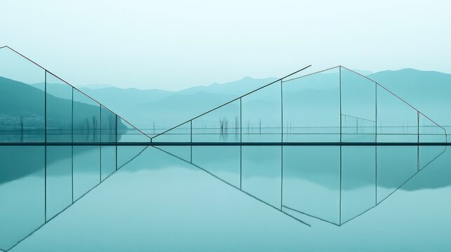 Abstract graph reflecting in calm water, mountains in background.