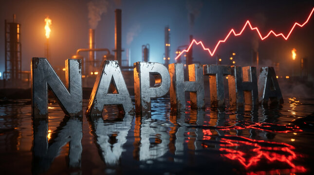 Bold metallic naphtha lettering in water with glowing red stock market graph and industrial refinery towers at night showing energy sector volatility and financial price analysis.